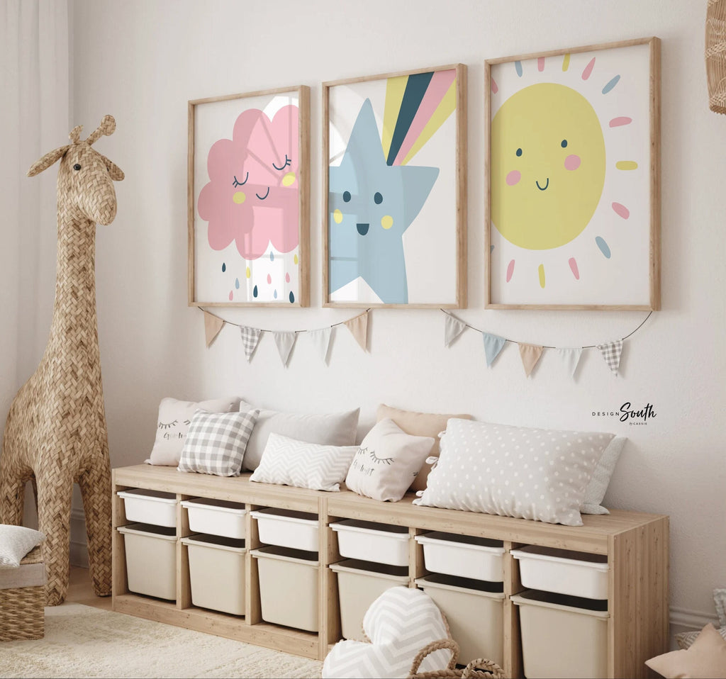 Trendy pastel nursery, shooting star wall art, nursery kids bedroom decor star cloud sun, neutral pastel newborn, sunshine nursery print set