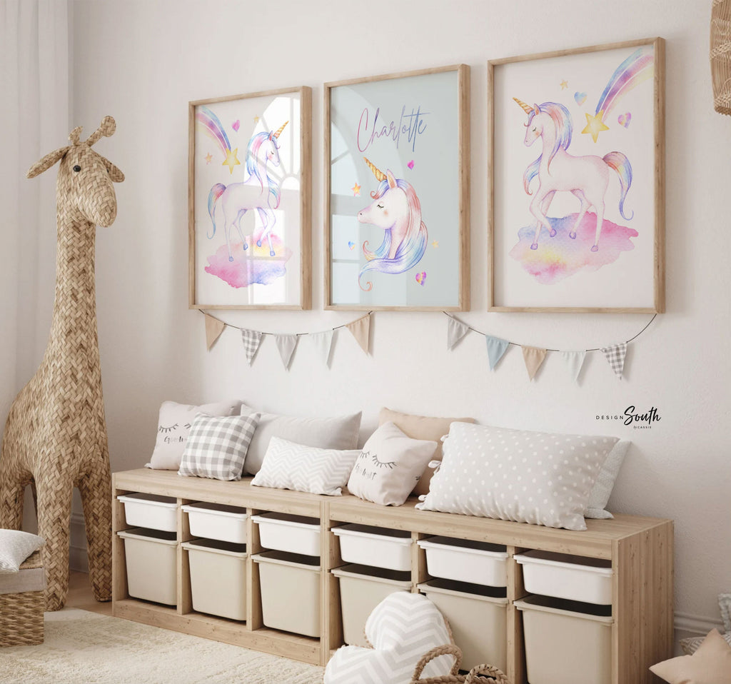 Unicorn nursery art, unicorn theme girls room, unicorn wall art baby girl, personalized unicorn poster print set, unicorn gift newborn girl