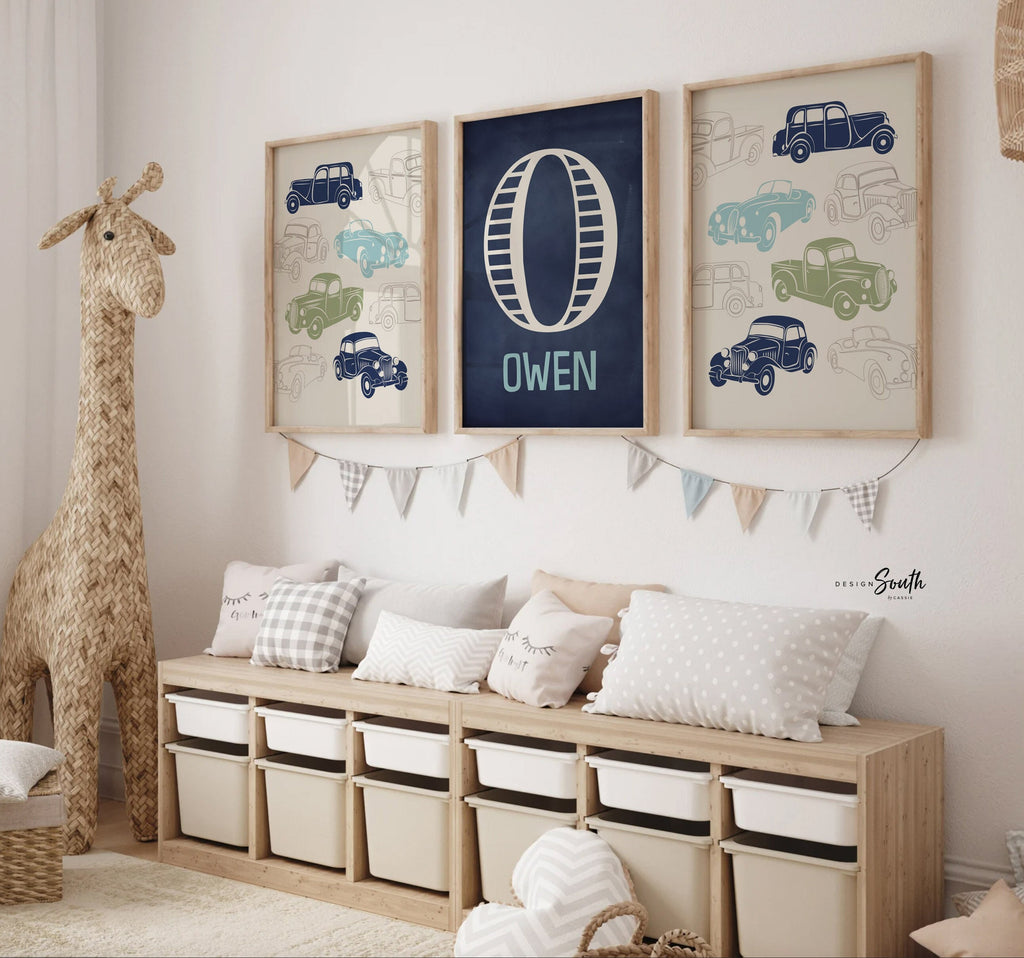 Vintage trucks and transportation theme for boys nursery or bedroom, personalized name boy, transportation decor for boy, personalized art