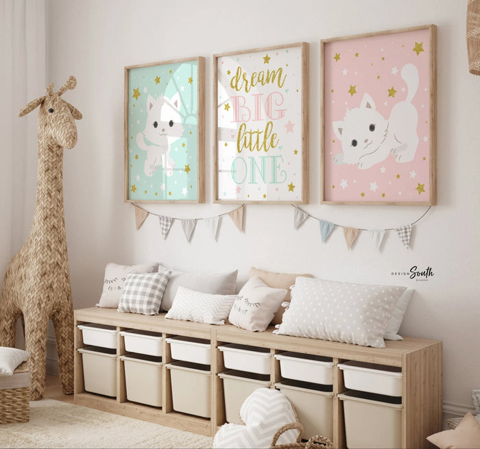 Kitty cat nursery, mint pink, cute cat print, girls kitty cat decor, cute kitty wall art, cat nursery art, pink cat nursery decor baby girl