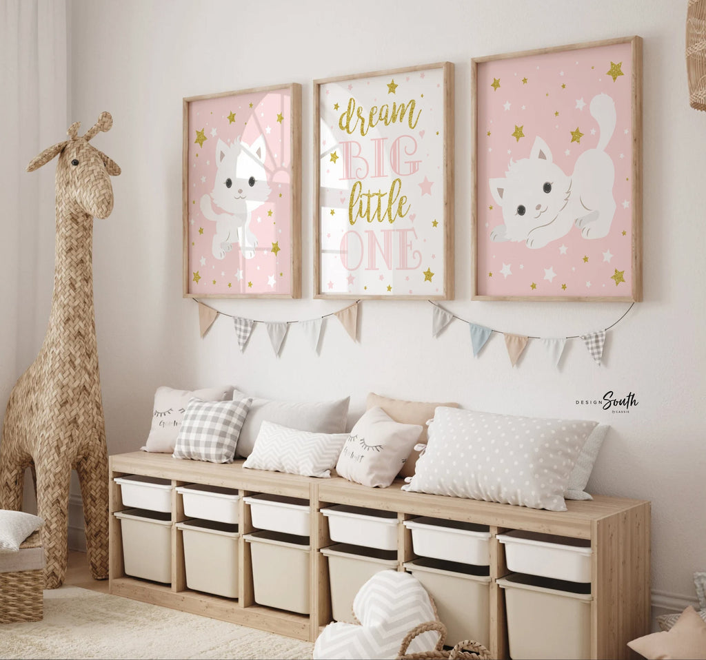 Pink kitty cat, pink nursery decor kitty cat theme, baby girl pink kitten art, dream big little one cat lovers meow kitty, kitten wall decor