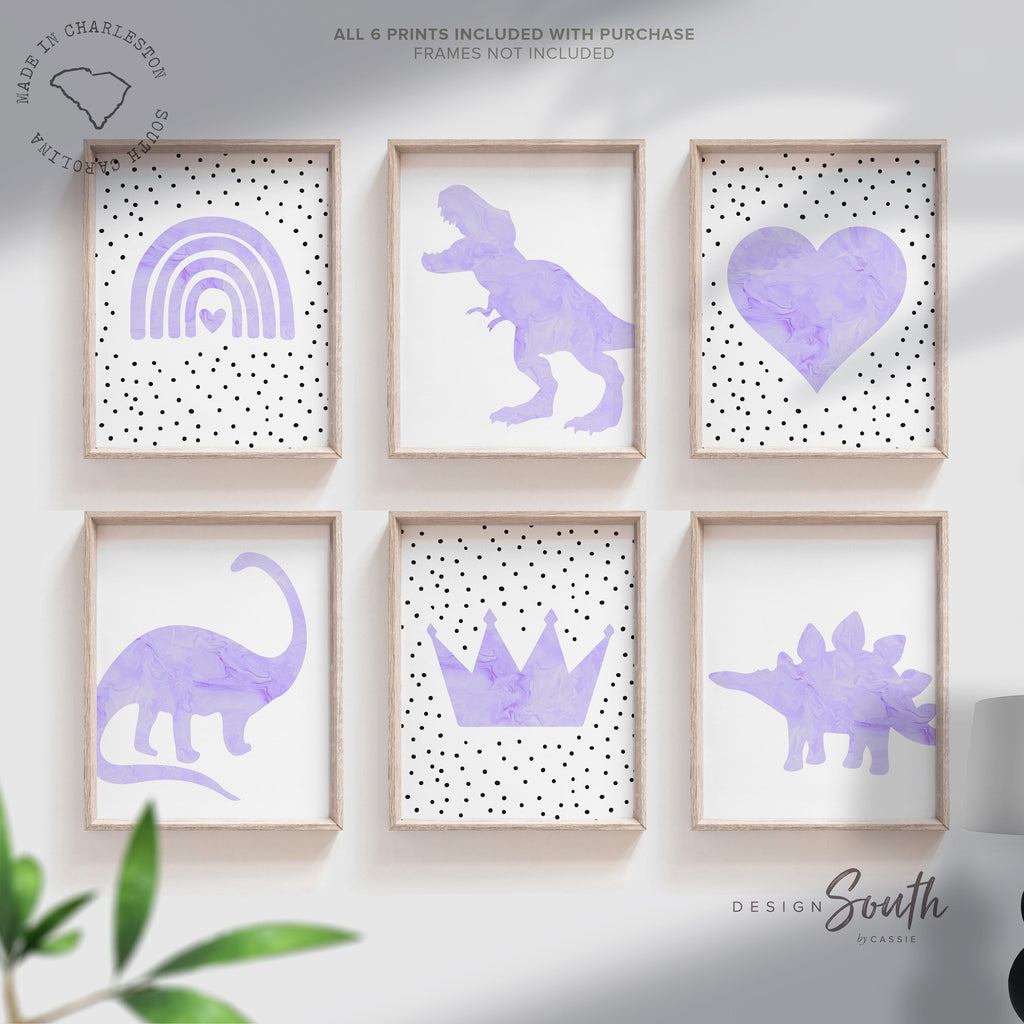 Girl dinosaur hearts rainbows, girl purple dinosaur themed nursery, girl dinosaur bedroom wall art, purple dinosaur, 6 girly dinosaur prints