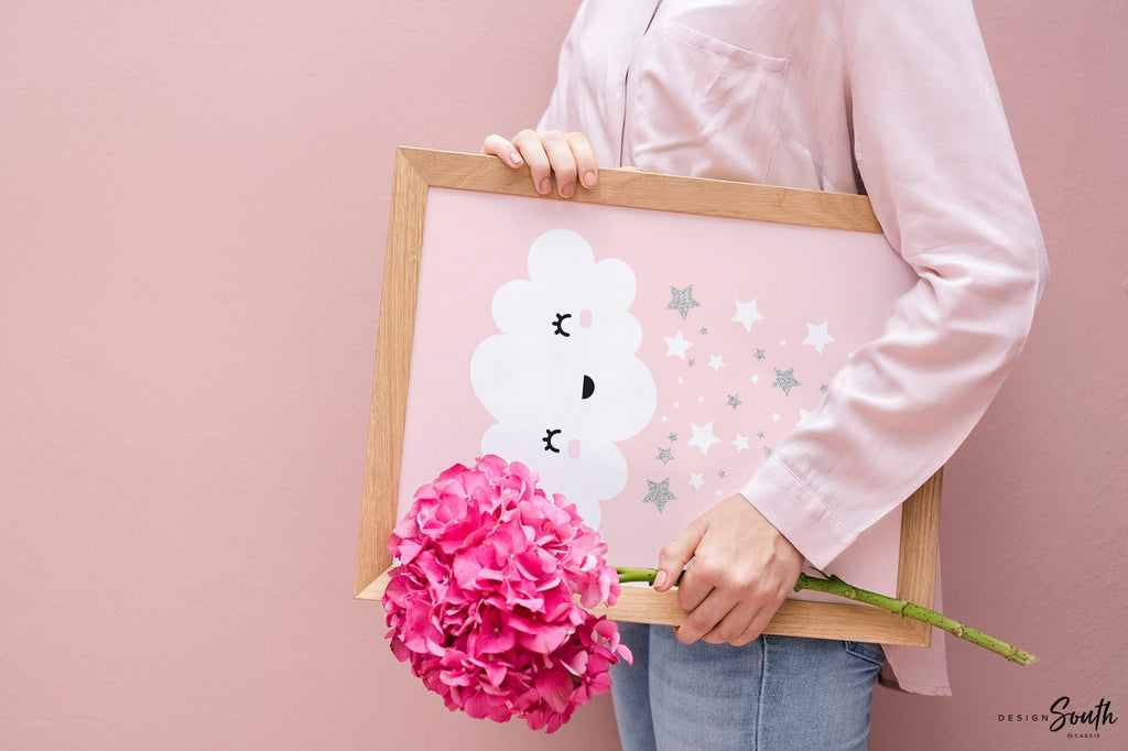 Pink and silver girls nursery decor, nursery pink silver customized monogram, pink gray cloud moon stars, baby girl nursery silver sparkles