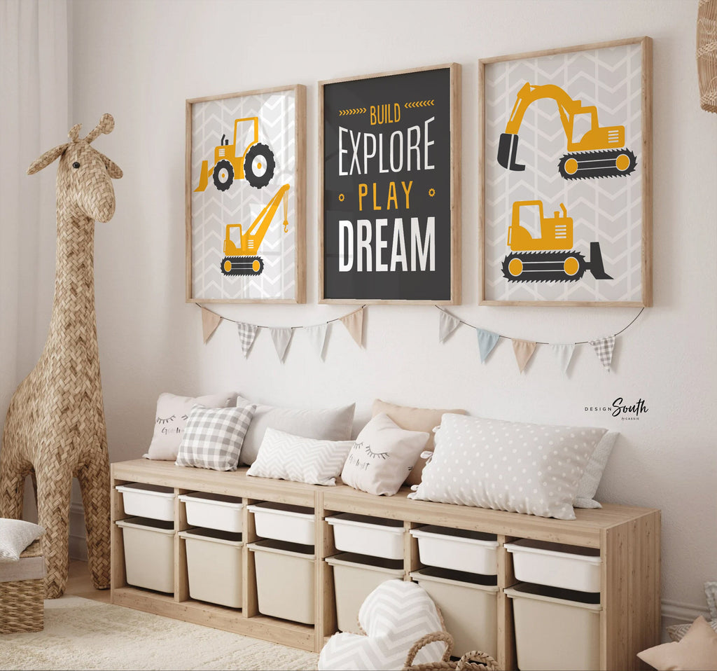 Build explore play dream, big boy bedroom construction, digger prints, digger wall art, boys construction theme bedroom, boys bedroom decor