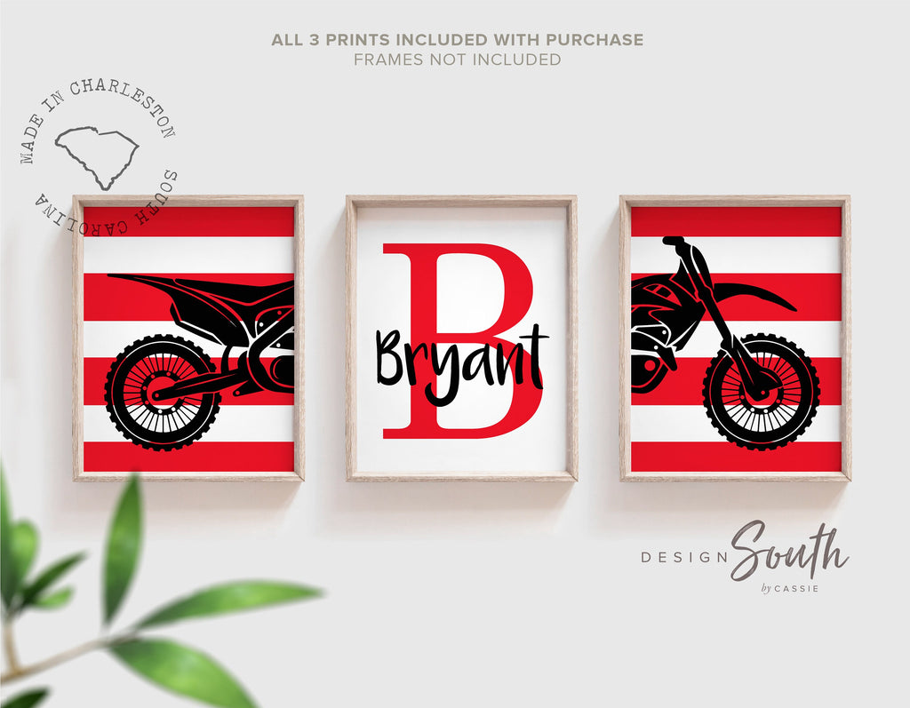 Red black dirt bike themed room wall art, kid name racing bedroom, personalized kids name decor art print, motocross bedroom theme for boy