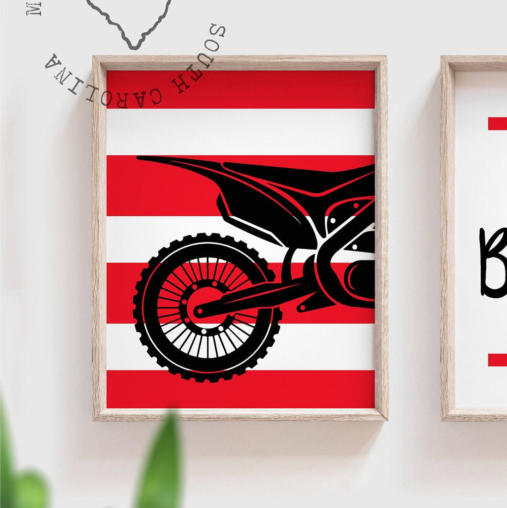 Red black dirt bike themed room wall art, kid name racing bedroom, personalized kids name decor art print, motocross bedroom theme for boy