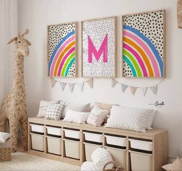 Bright rainbow decor for girl, bedroom decor rainbow theme, blue pink orange teal wall art for girl, bright playroom decor personalized name