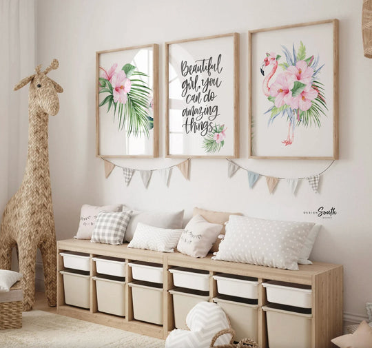 Baby girl nursery decor pink tropical flamingo floral, above crib decor, pink flamingo nursery wall art, personalized baby girl gift quote