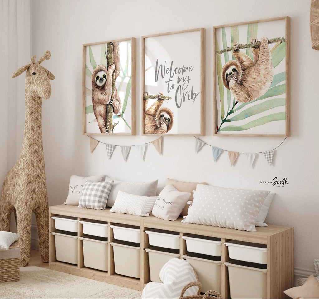 Sloth wall art for kids, sloth themed room personalized name, child nature animal bedroom art prints, sloth kids decor, wall art sloth decor