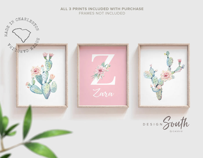 Desert cactus nursery themed, chic desert cactus baby room, light green and pink desert themed room, girls name initial cactus blooms art