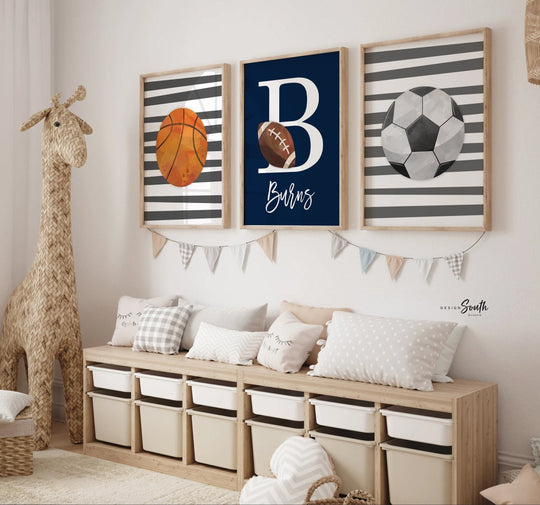 Sports home decor boy name, sports poster boy room, sports wall art, little boy gift, artwork wall crib sports theme, basketball soccer ball