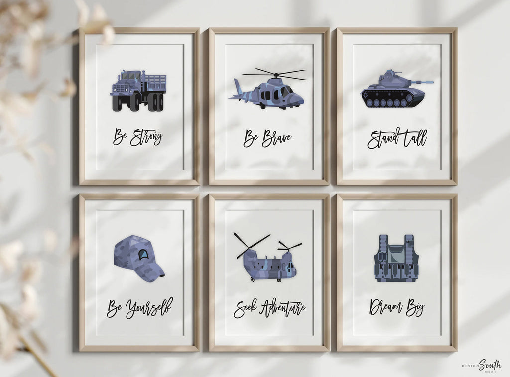 Army vehicles boys wall art set, soldier military tank truck helicopter, boys bedroom wall art print decor army marine troop, playroom army