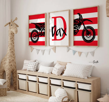 Red black dirt bike themed room wall art, kid name racing bedroom, personalized kids name decor art print, motocross bedroom theme for boy