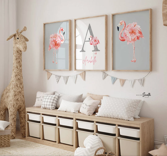 Pink and gray nursery art, pink and gray nursery decor baby name personalized, flamingo girls name, custom girl sign tropical nursery themed