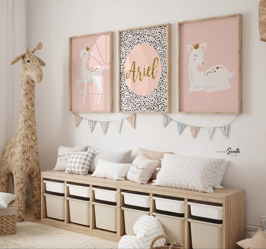 Girl deer nursery, girl deer wall art, personalized deer nursery wall art, blush pink deer art, princess animal deer decor, pink fawn baby