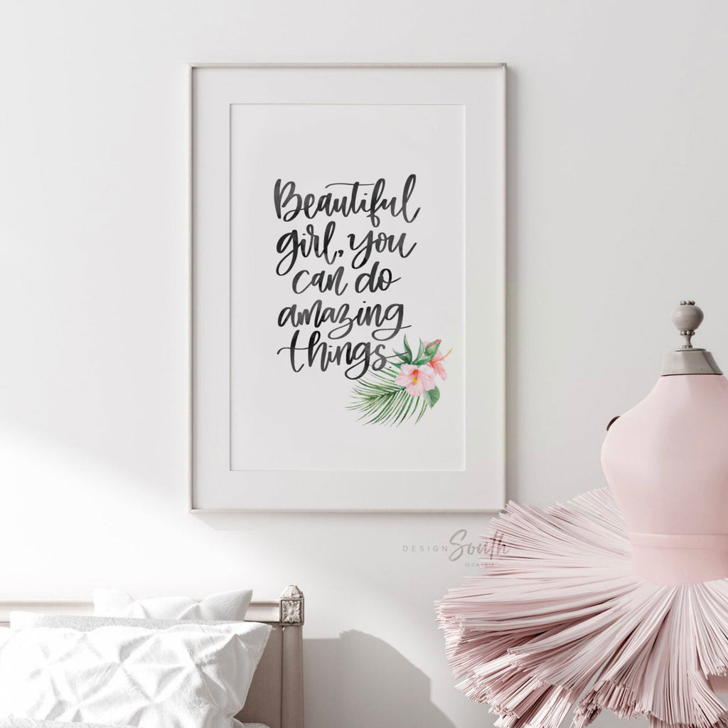 Baby girl nursery decor pink tropical flamingo floral, above crib decor, pink flamingo nursery wall art, personalized baby girl gift quote