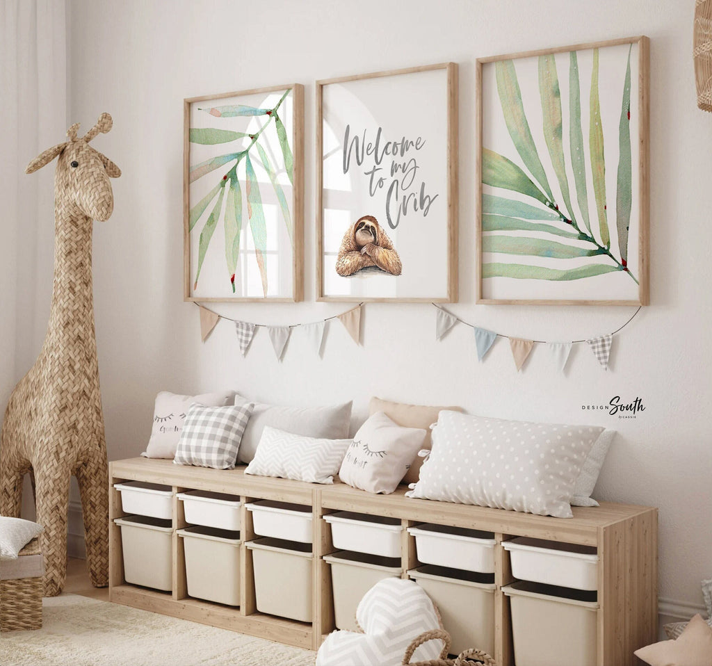 Sloth wall art set, sloth themed baby nursery, sloth nursery ideas, sloth tropical rainforest room decor, neutral sloth green gray newborn