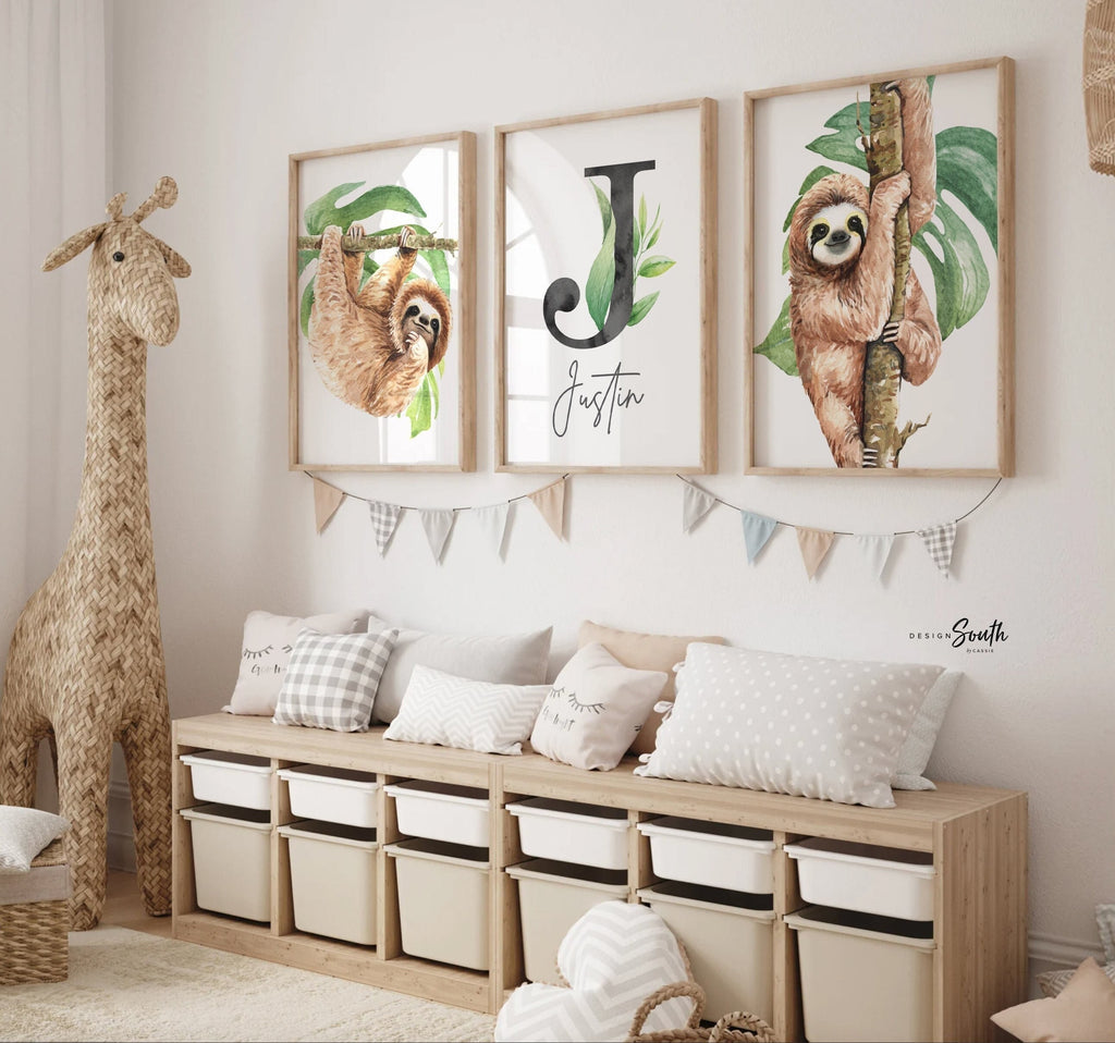 Sloth wall art set, kids hanging sloth in nature, sloth kids room personalized name gift, animal lover nursery gift, wall art kid decor name