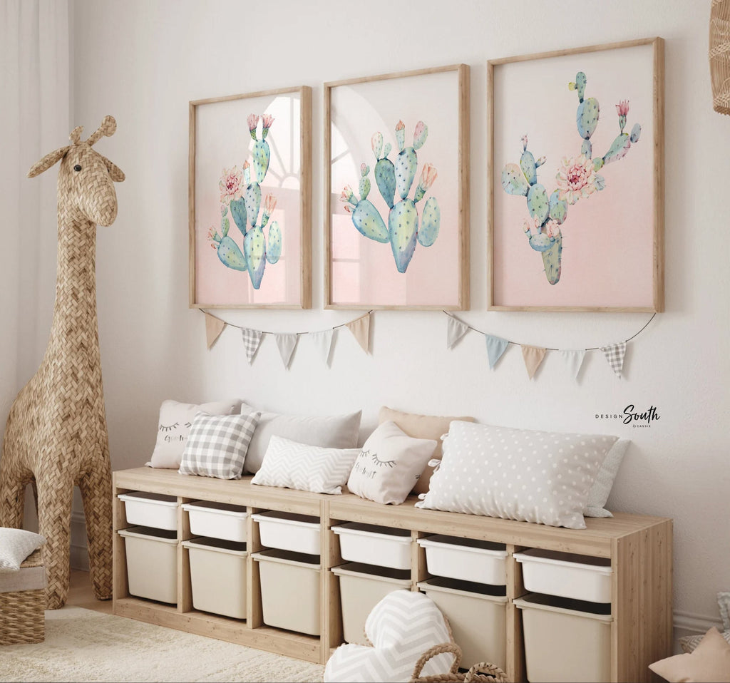 Baby girl nursery decor, girls cactus boho southwestern theme nursery art, cactus bloom theme, baby girl wall art, blush nursery wall decor