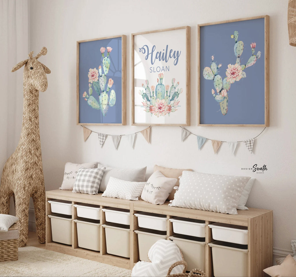Pink flower cactus nursery art, watercolor wall art, girls bohemian nursery art, boho girls room wall decor, cactus nursery art personalized