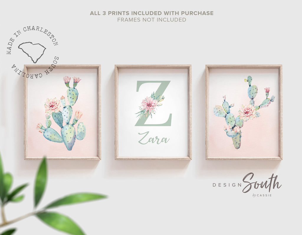 Floral monogram print, southwestern nursery, pink ombre nursery art, cactus blooms theme nursery art, baby girl wall art cactus flower theme