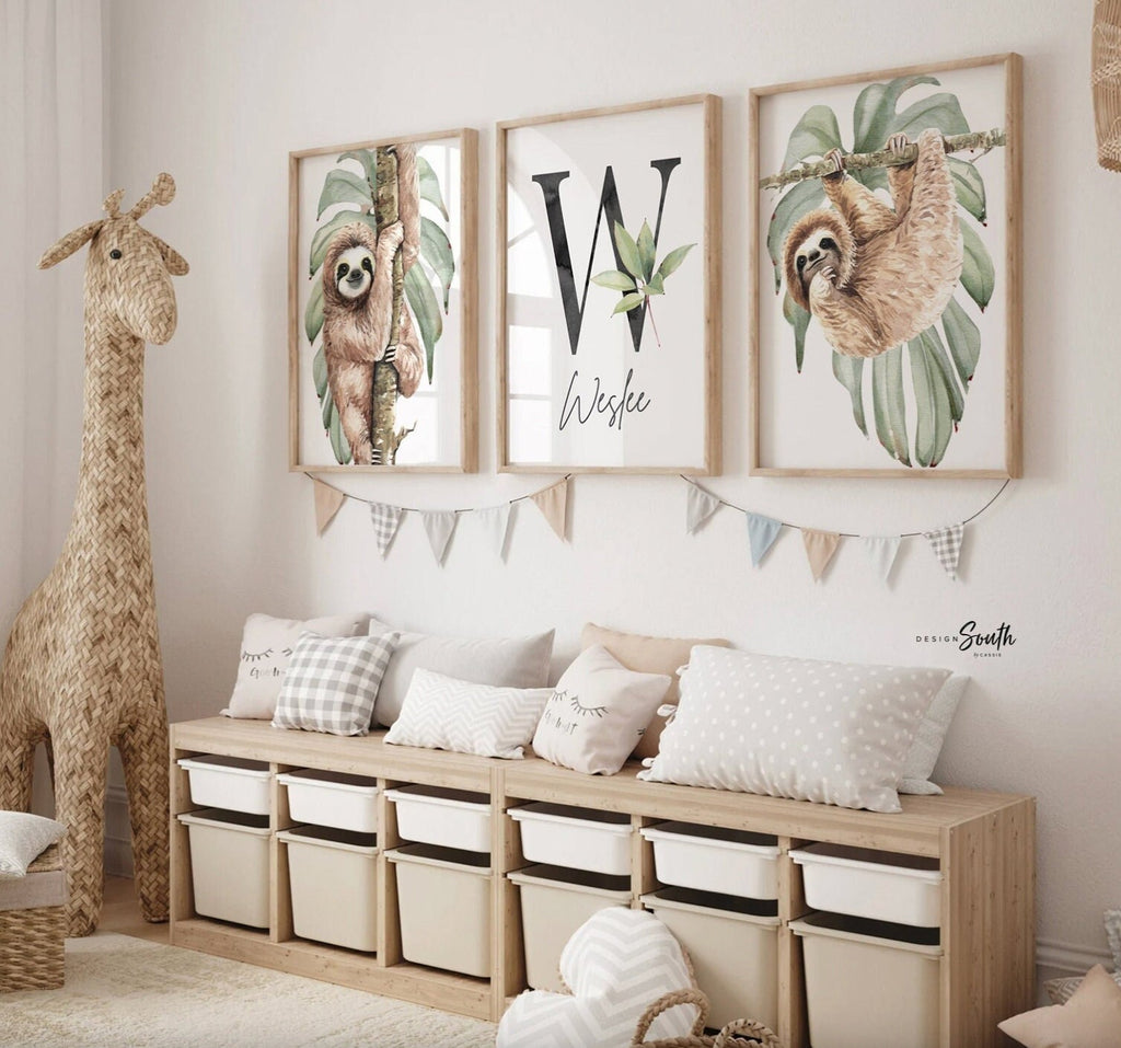 Sloth monogram print, sloth themed child room, sloth nursery idea, personalized sloth art print set, sloth kid monogram, toddler sloth decor