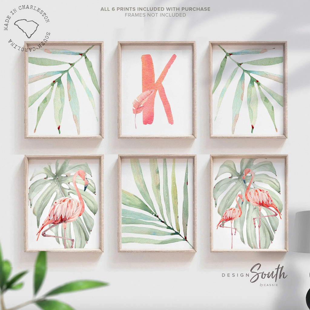 Flamingo print art set, bedroom tropical wall, flamingo nursery decor, baby room decor, newborn flamingo nursery pink and green