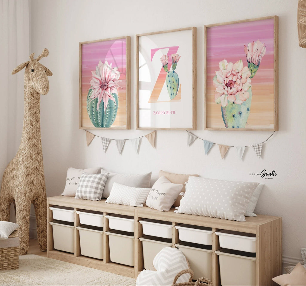 Girl nursery decor, baby girl wall art, pink floral personalized name art prints, cactus blooms theme, boho cactus baby room art pink orange