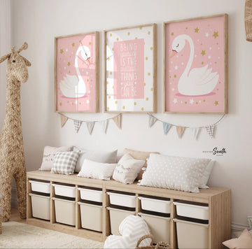Pink gold nursery, blush nursery wall art, pink nursery prints, pink and gold, being yourself is the prettiest, be yourself, pink swan decor