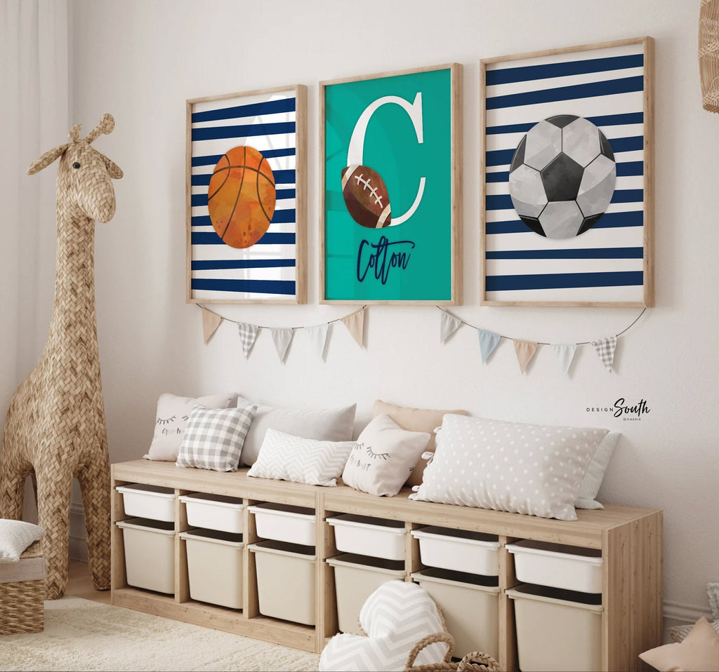Sports wall prints for kid room, sports balls wall pictures, sports art personalized gift, basketball soccer football wall art boy nursery