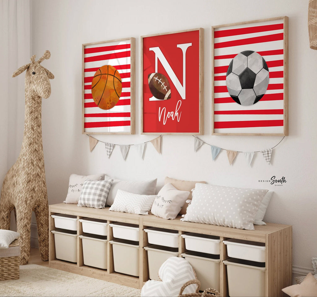 Sports nursery decor, sports art boys room, kids bedroom personalized sports prints, artwork above crib sports theme, sports boys monogram