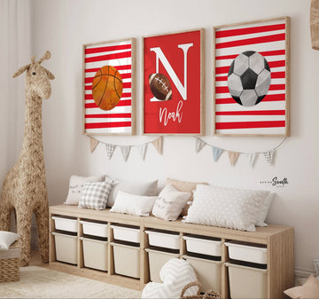Sports nursery decor, sports art boys room, kids bedroom personalized sports prints, artwork above crib sports theme, sports boys monogram