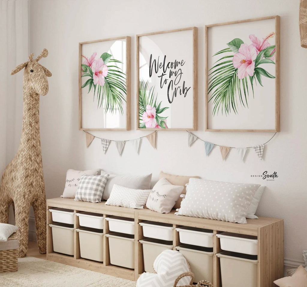 Welcome to my crib sign tropical hibiscus flower, modern art print set floral nursery, newborn girl tropical decor above crib art idea palms