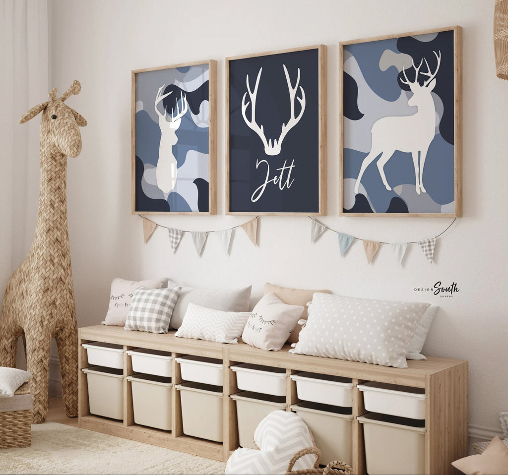 Boys personalized deer hunting art, navy blue deer nursery, navy deer nursery decor, camouflage baby boy decor name print, camo boys bedroom