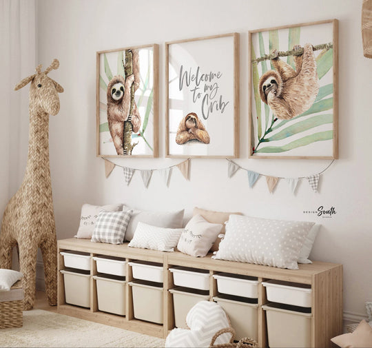 Sloth decor, tropical sloth baby shower, sloth wall art prints for baby, sloth birthday party gift, sloth decorations baby crib, sloth print