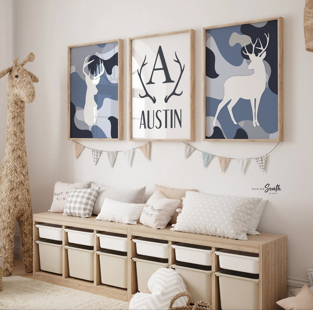Baby blue deer nursery theme, gray deer theme neutral, arrows and deer, personalized prints for boy, bedroom deer wall art, eight point buck