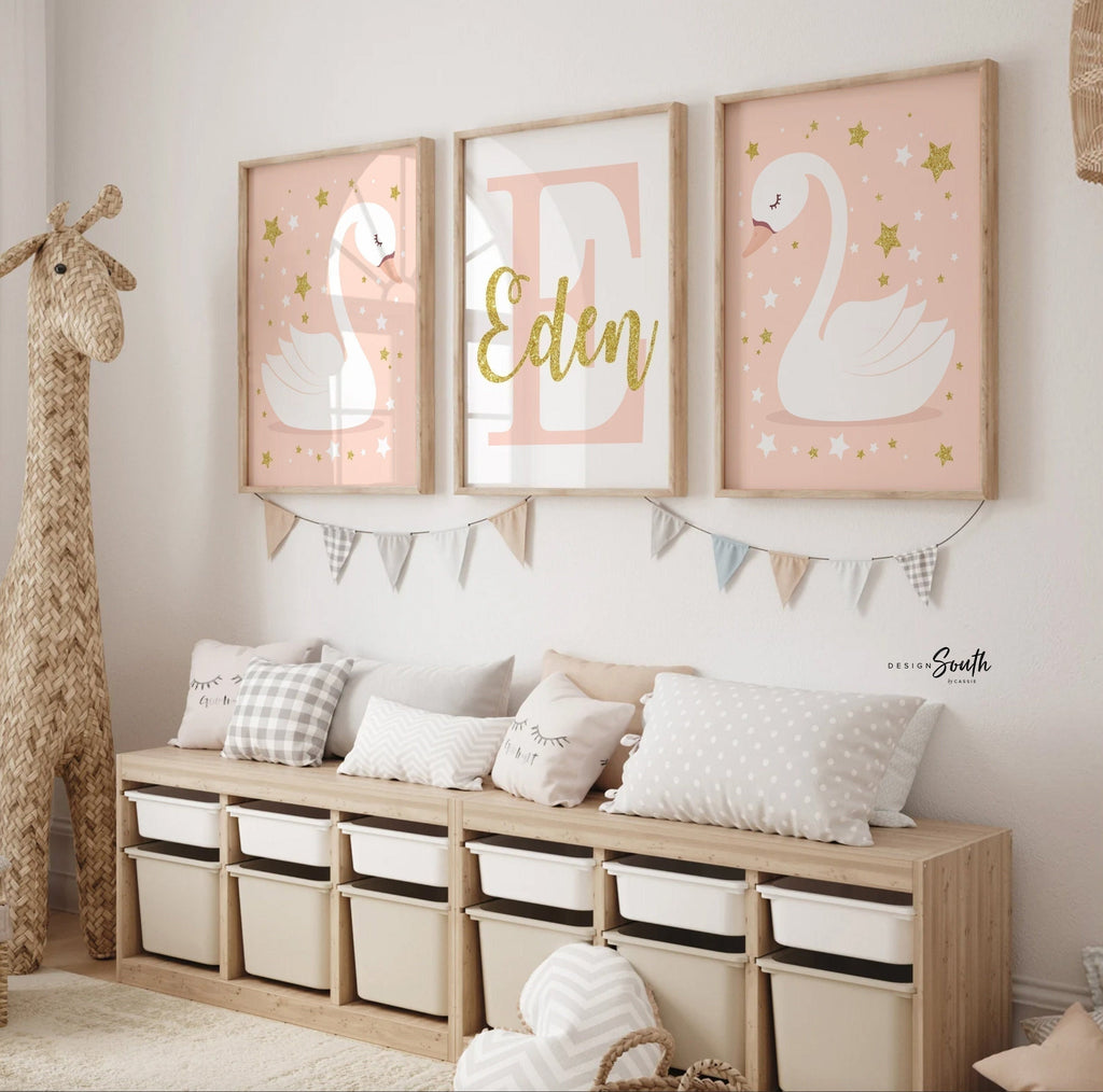 Blush nursery decor, blush baby room art, little girl swan nursery wall decor, girls blush gold nursery, swan nursery decor, baby girl swan