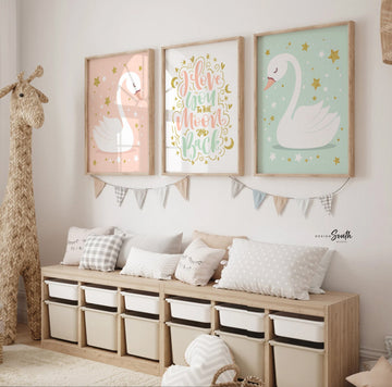 Swan baby art, swan baby decor, i love you to the moon, swan nursery art, swan nursery decor, mint and pink nursery girl, blush baby decor