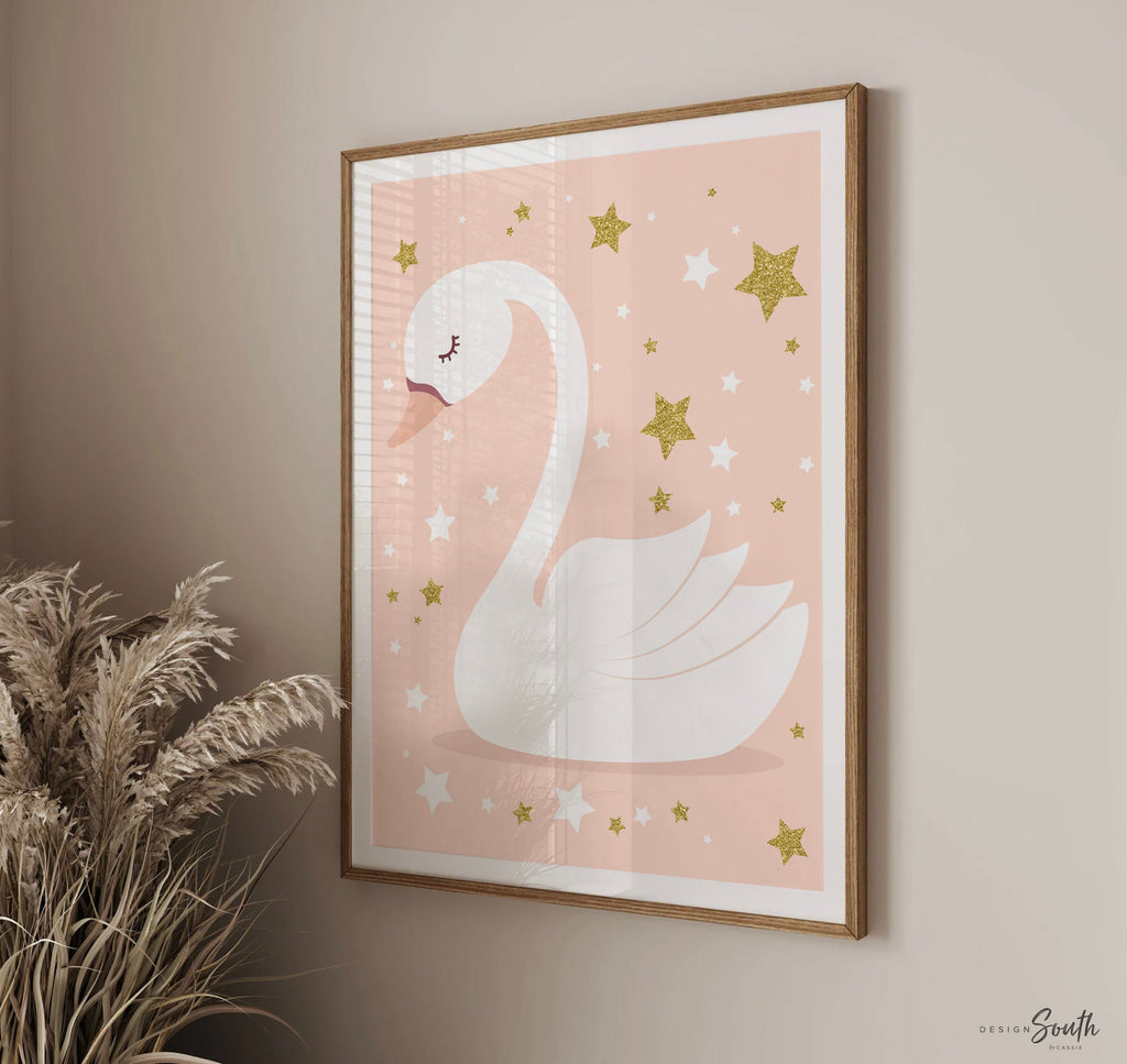 Peach mint gold nursery wall art, peach gold nursery decor, baby girl swan nursery art, swan theme girl nursery, dream big quote print set