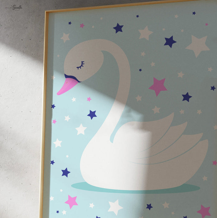 Swan nursery room, pink star nursery, baby shower girl gift, navy and hot pink swan, white swan art print, swan baby room, cloud island set