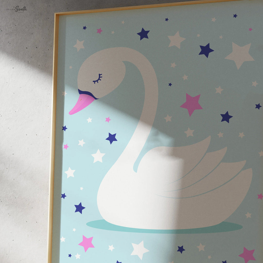 Swan nursery room, pink star nursery, baby shower girl gift, navy and hot pink swan, white swan art print, swan baby room, cloud island set