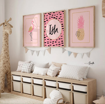 Nursery prints flamingo decor, pink and gold girls wall decor, flamingo tropical art set, pink gold pineapple nursery, personalized nursery