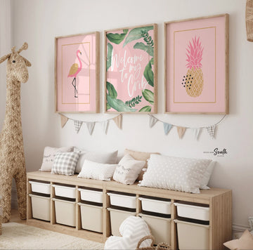 Welcome to my crib tropical flamingo nursery, tropical girls wall art set, girl nursery decor, pink nursery prints, baby girl gift flamingos