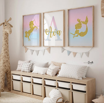 Girl's unicorn art pink gold glitter sparkle, unicorn mermaid theme wall decor, unicorn monogram girls name initial, wall art set pink gold