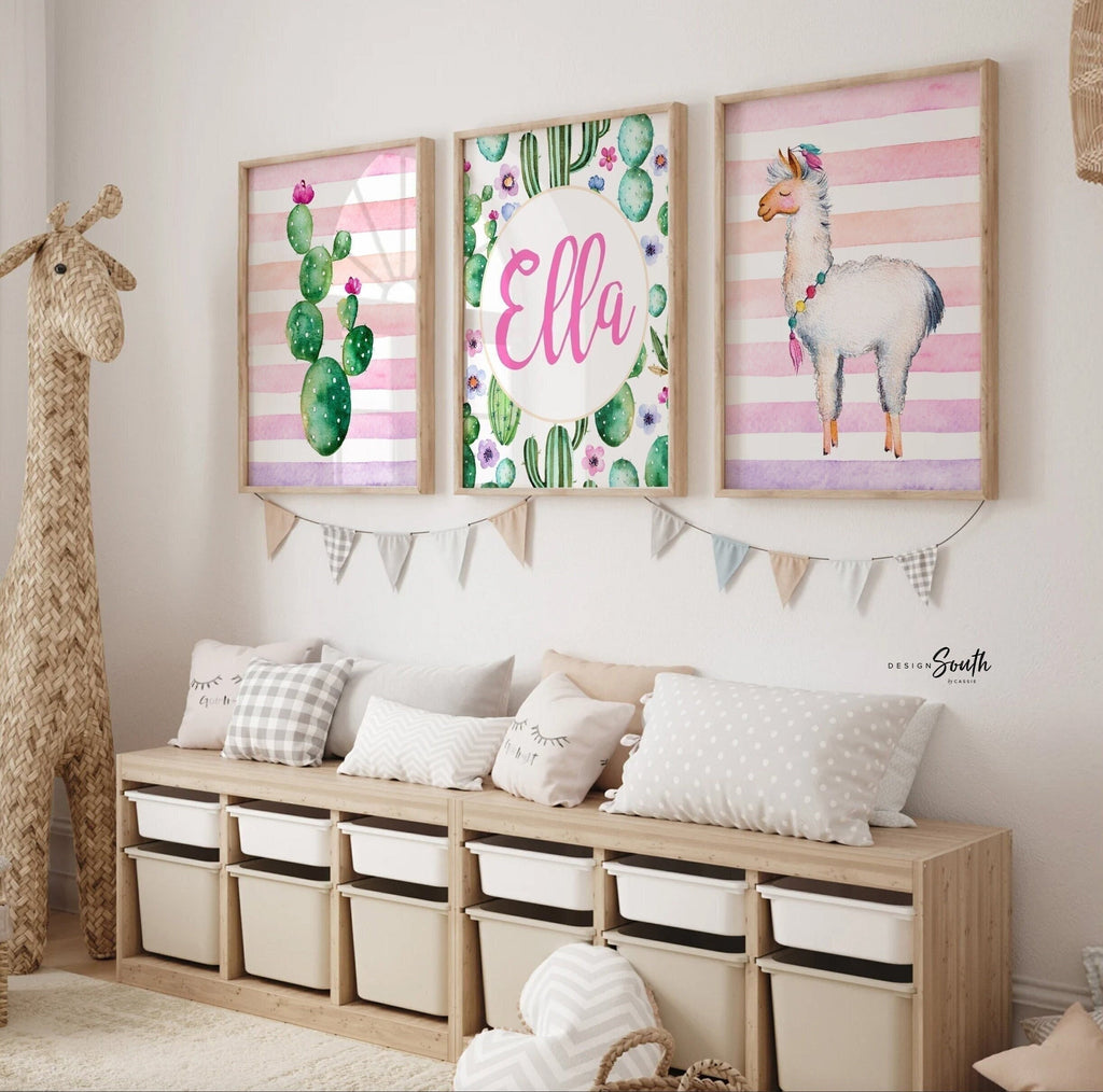 Watercolor baby name wall art, llama & cactus, newborn nursery gift, baby shower gift for girl, llama succulents, colorful llamas, boho baby