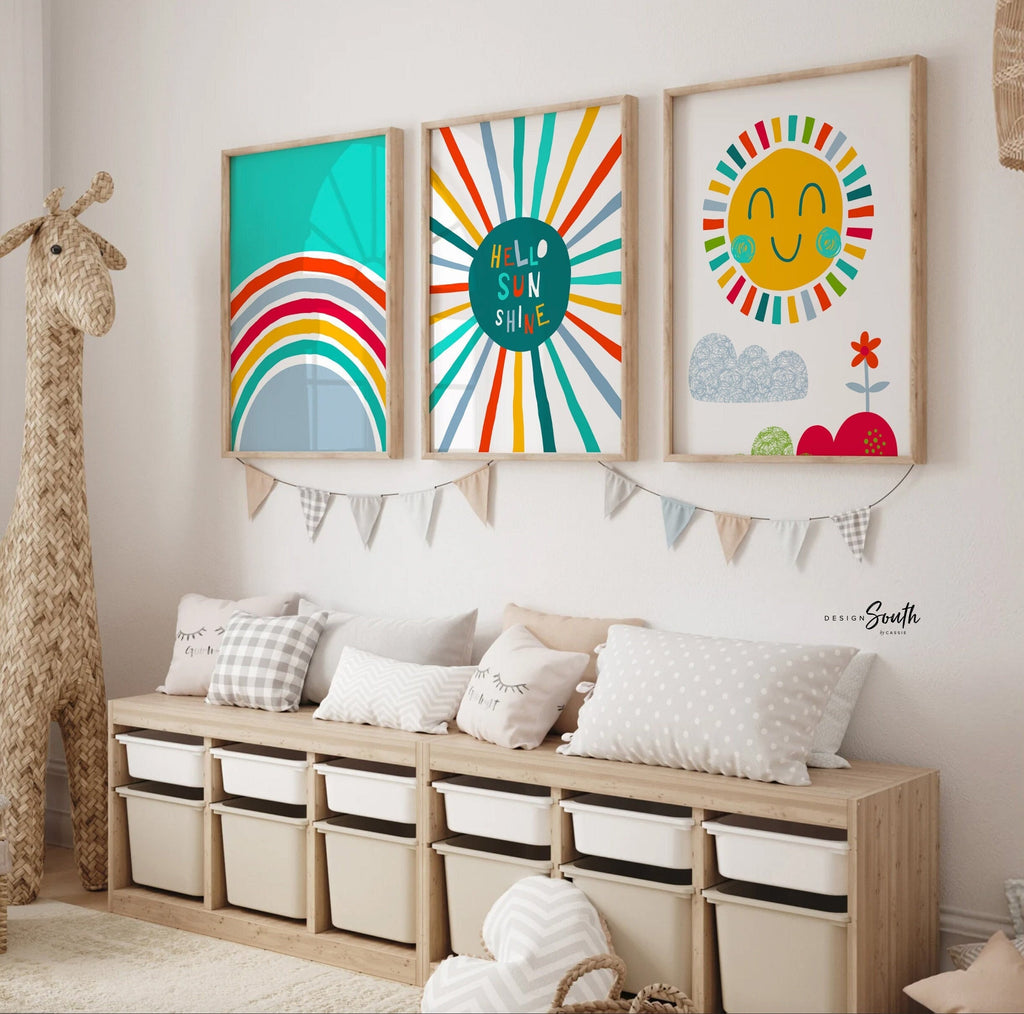 Teal yellow orange kid room art, wall art print set of 3 for children, bright fun colorful art for child wall, teal yellow sun rainbow theme