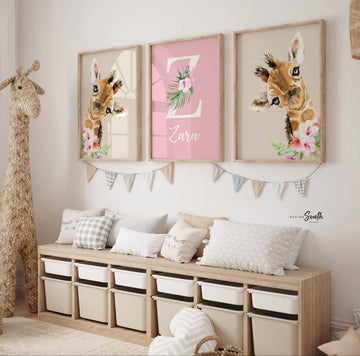 Giraffe nursery art for girl, pink floral giraffe wall art, girl giraffe nursery wall art tropical, pink flowers giraffe, baby shower gift