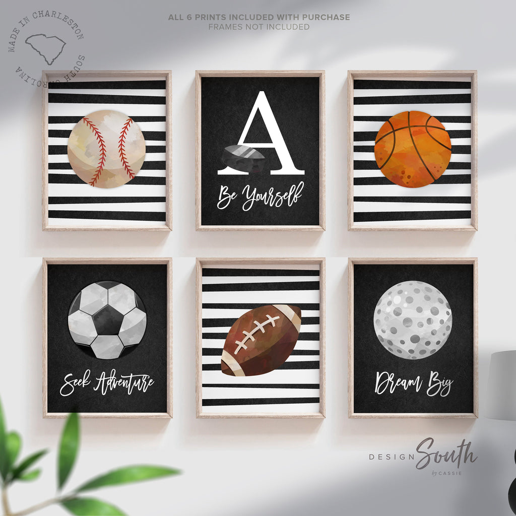 Sports collection print set boys name, sports theme wall pictures, sports art personalized gift, baseball football kids wall art boy nursery