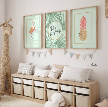 Mint coral gold nursery baby girl wall art, girls personalized name set flamingo pineapple palm leaves, mint green girl tropical room themed