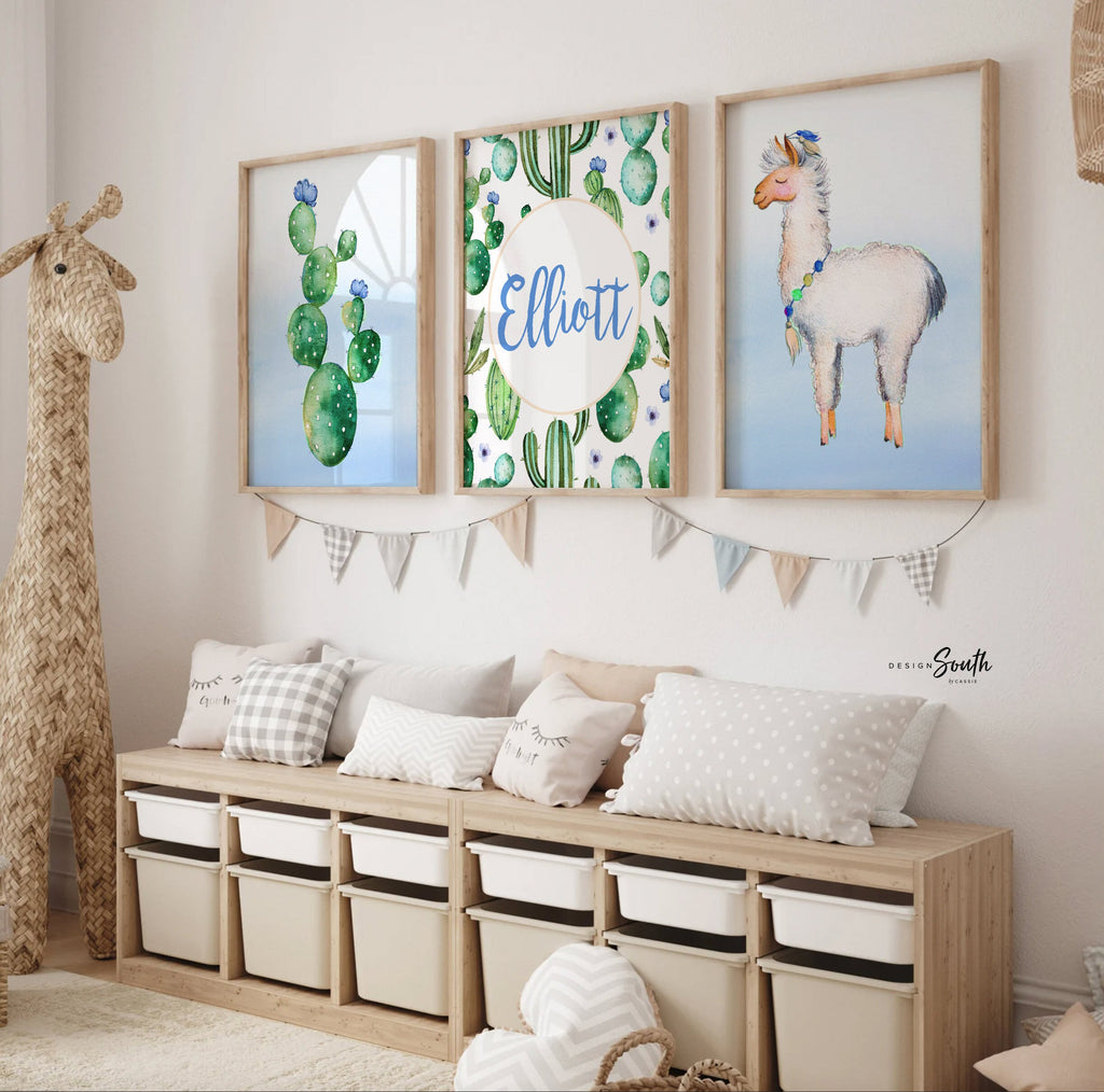 Blue watercolor cactus baby shower gift, baby boy cactus theme personalized, southwest watercolor cactus boys room art prints, blue and mint kids art